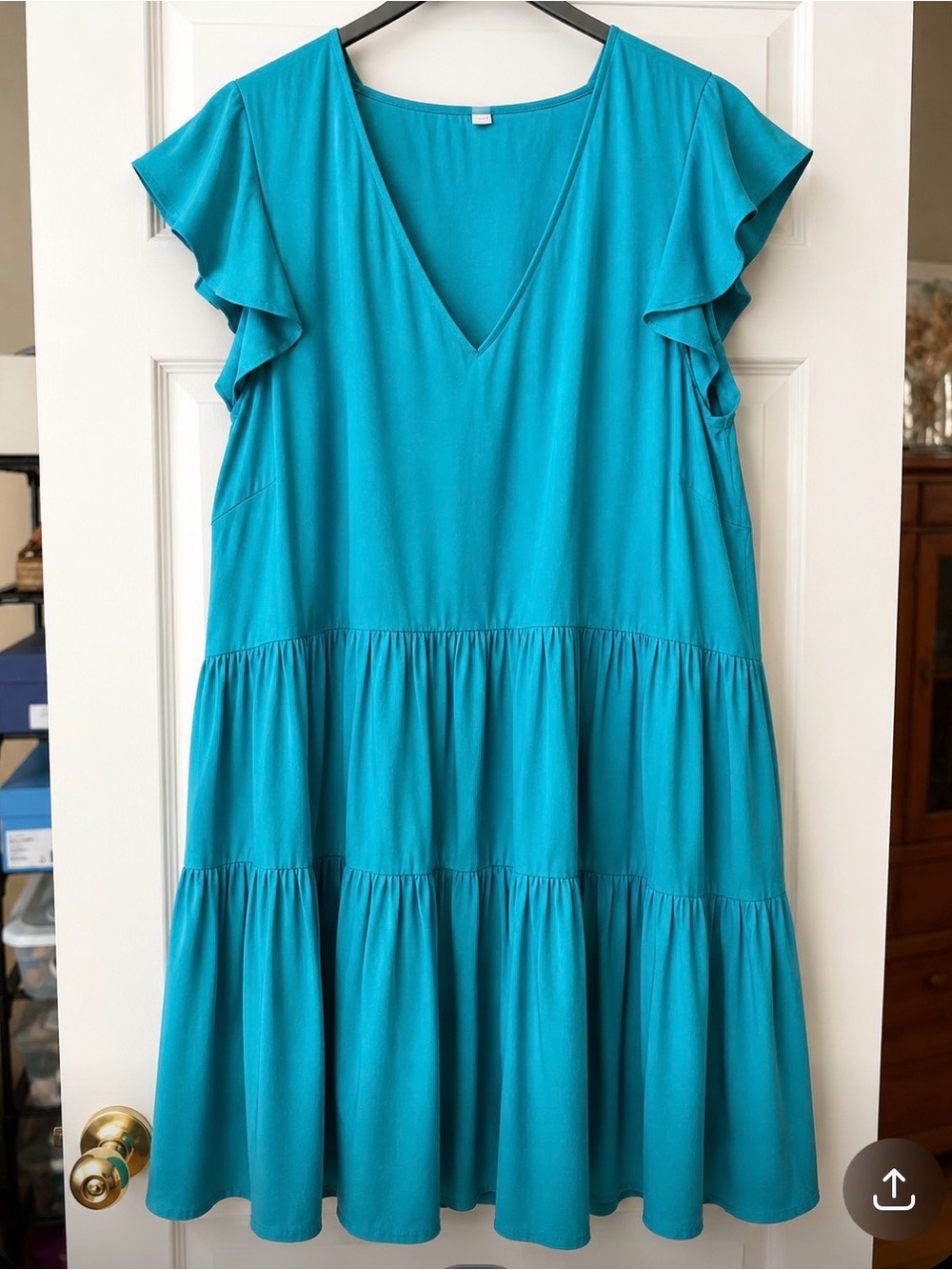 ANTONIO MELANI Teal Tiered V-Neck Flutter Sleeve Dress